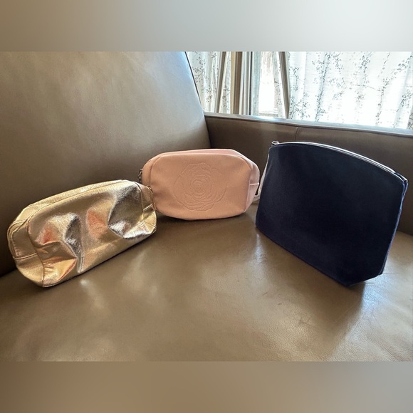 Lancome Trio Cosmetic Bags - Gold, Pink, Velvet Navy Blue.Set of 3! - Picture 1 of 16